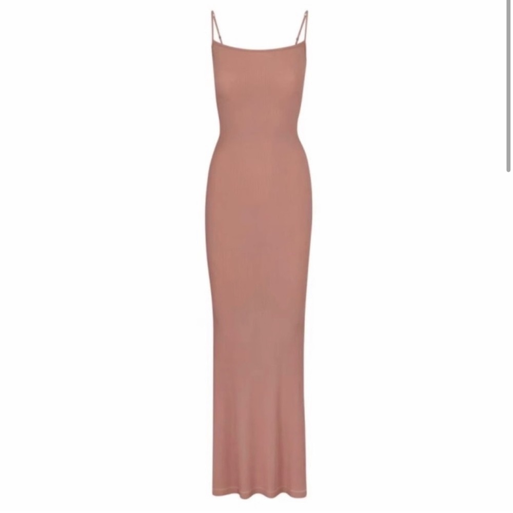Skims Ribbed Lounge Long Slip Dress Maxi - Rose Clay
